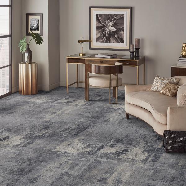 blue pattern carpet in home office